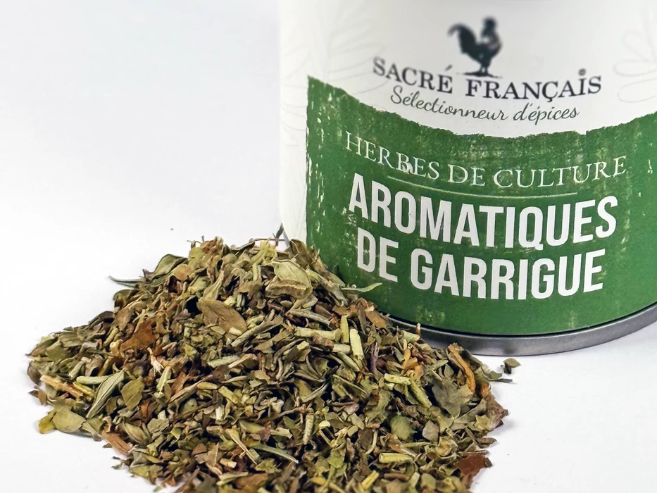 Aromates Sacré français - Herbes de culture - Feuilles - Aromatiques de Garrigue - Un secret de garrigue méditerranéenne, un mélange d'aromates ensoleillés aux notes citronnées. Il apportera à vos plats une touche d'été et de mystère.