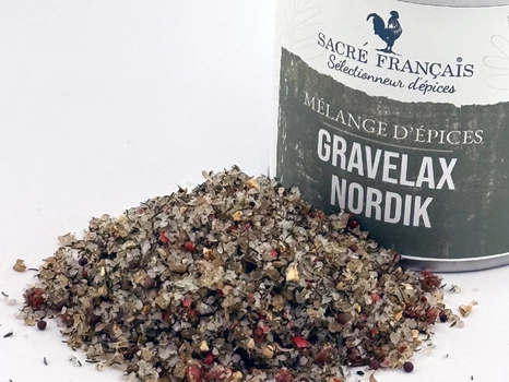 Épices Sacré français - Mélange d’épices - Scandinave - Gravelax Nordik - L'âme scandinave s'invite dans ce mélange, il est conçu pour métamorphoser vos poissons crus ou marinés, il recrée l’équilibre pur des pays Nordiques. Une signature gastronomique exclusive, entre fraîcheur herbacée et finesse absolue