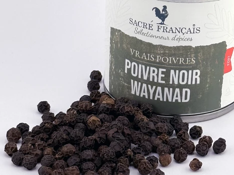 Poivres Sacré français - Vrais Poivres - Inde - Poivre Noir Wayanad - L'Or Noir du Wayanad avec l'intensité du Kerala&nbsp; avec des grains aux notes boisées, de fruits noirs et d'agrumes. Sa chaleur piquante, profonde et progressive, exprime toute sa noblesse lorsqu'il est concassé à la minute. Un cru sauvage et intense qui transforme chaque plat en une expérience sensorielle rare.