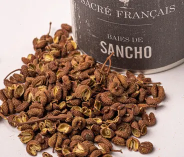 Poivres Sacré français - Faux Poivres - Japon - Baies de Sancho - Cette baie japonaise offre une saveur unique, aux notes de citron vert, pamplemousse et citronnelle avec une fraicheur très florale. Parfaites pour assaisonner les viandes, les légumes ou encore les sauces, elles se saupoudrent avec aisance dans les préparations asiatiques et les marinades.