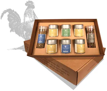 Coffrets Sacré français - Coffret cadeau - Madame - Le coffret Madame contient des créations d'épices Sacré Français pour réaliser une cuisine unique et variée avec cette sélection (épices, poivres, sels, mélanges). Le coffret Madame est adéquat pour les expertes en mises en bouche et de plats présentés pour magnifier votre cuisine.