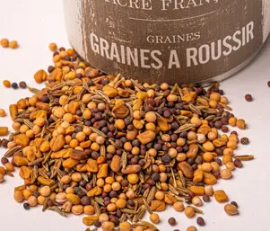 Épices Sacré français - Mélange d’épices - Graines - Graines à roussir - Souvent utilisées en début de cuisson dans la cuisine indienne pour libérer leur arôme intense, les graines à roussir sont nécessaires à la réalisation du colombo, célèbre curry des Antilles.