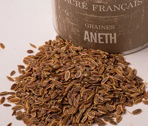Épices Sacré français - Épice entière - Graines - Aneth semence - Cette épice aromatique possède une saveur anisée. Une fois légèrement torréfiée puis broyée, cette graine parfumera vos poissons en papillotte ou marinés.