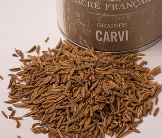 Épices Sacré français - Épice entière - Graines - Carvi - Le carvi est une épice aromatique d'Europe centrale et d'asie, cousin du cumin. Plus frais, avec des notes citronnées, cette graine remplace ou s'associe au cumin