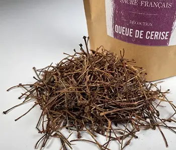Tisanes Sacré français - Décoction - Bien être - Queues de Cerise - On procède à une décoction qui se traduit par le fait de faire ramollir les queues de cerise pendant 12h dans de l'eau froide puis idéalement les faire bouillir pendant 10 minutes et laisser infuser 10 minutes de plus.