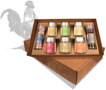 Coffrets Sacré français - Coffret cadeau - Méditerranée - Le coffret Méditerranée contient des épices classiques du bassin méditerranéen. Un coffret pour les amateurs et novices de la cuisine du soleil et du chant des cigales.