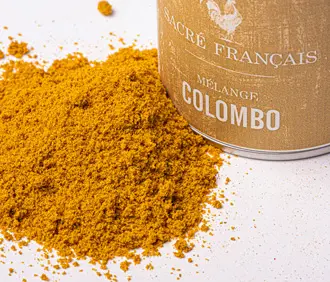 Épices Sacré français - Mélange d’épices - Curry - Colombo - A la saveur unique et parfumée, ce mélange d'épices reflète l'héritage culinaire des îles avec un équilibre subtil et non piquant.  Originaire du Sri Lanka, il possède une structure aromatique très ronde et douce.