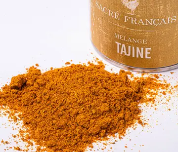 Épices Sacré français - Mélange d’épices - Tajine - Mélange d'épices pour leTajine. S’utilisant en début de cuisson, il permet de dégager toutes les saveurs. Non piquant et très aromatique. Une création Sacré français !