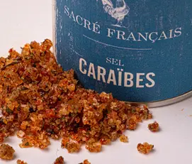 Sels Sacré français - Mélange de sel - Aromatisé - Sel Caraïbes - Ce sel épicé et sucré s'utilise sur tous les poissons, crustacés et viandes blanches. Recommandé pour saler vos sauces tomate.