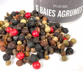 Poivres Sacré français - Baies - Mélange - 6 baies agrumes - Ce mélange de baies, légèrement poivré, à la fois frais et acidulé, évoque des notes de zeste d'agrumes et de fleurs. Il se distingue par ses arômes vifs et son goût subtil. Idéal pour rehausser vos poissons, viandes blanches, légumes grillés, marinades, salades, et sauces, il apporte une explosion de saveurs tout en restant léger.