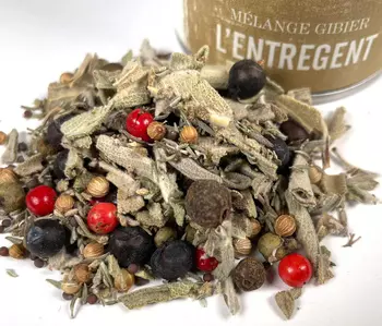 Épices Sacré français - Mélange d’épices - France - L'entregent, pour gibiers -                     Cuisiner les gibiers en apportant une saveur douce et onctueuse. A mélanger avec un peu de vin, de l’huile.
