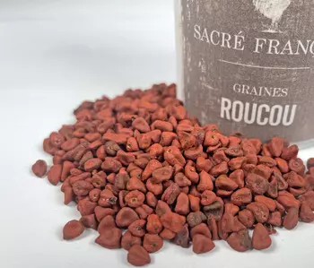 Épices Sacré français - Épice entière - Graines - Roucou -                     Elles sont utilisées en cuisine pour leur pouvoir colorant naturel, la teinte est entre le rouge et l'orange avec un  arôme subtile de beurre noisette et de terre d'argile verte.     